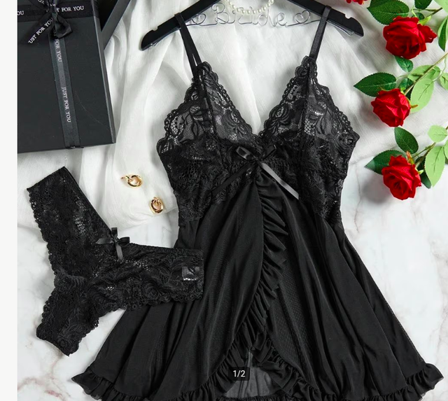 Sexy lingerie set Nachtjurk met Slipje van spandex en nylon kleur zwart