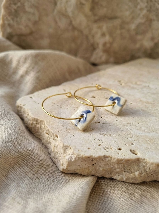 Geometric Abstract Square Blue Wave Loop Ceramic Earrings