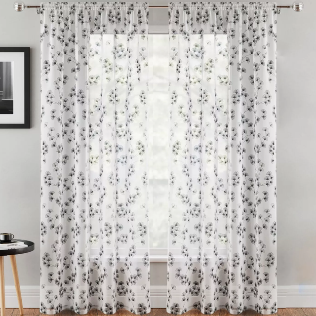 Delila Leaf Print Black Voile Panels (Pair)