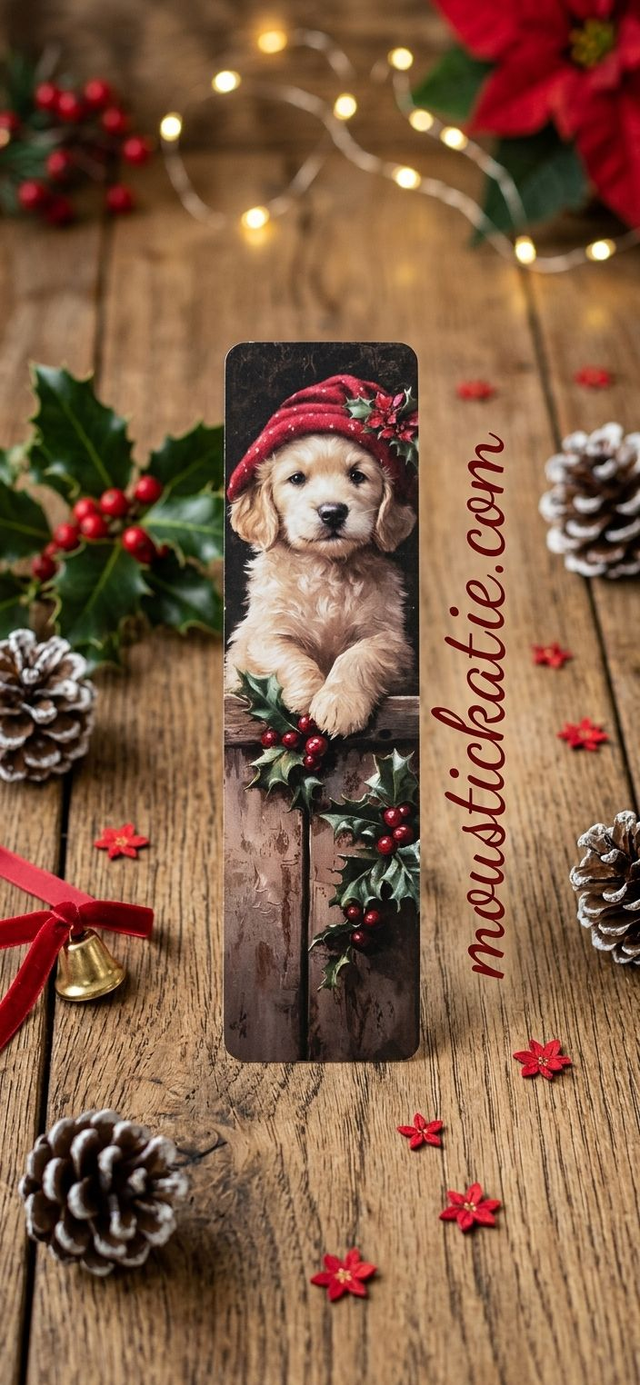 Marque-page Chiot Bonnet Rouge de Noël en Papier Cartonné – Accessoire de Lecture Festif