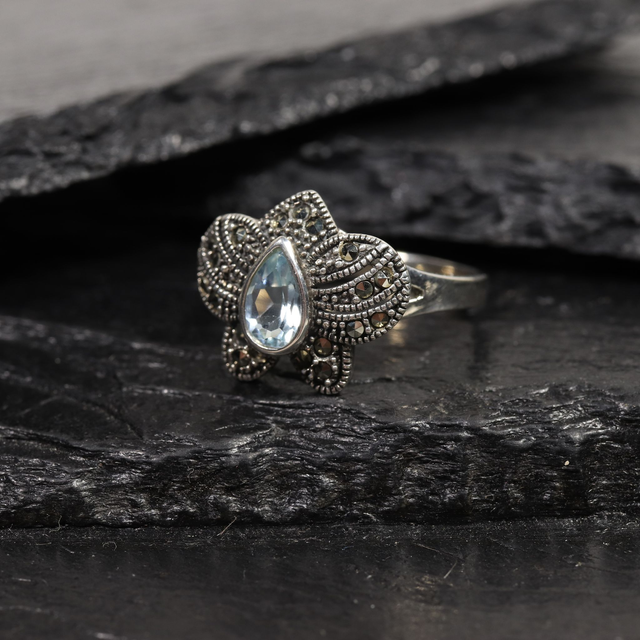 Vintage Sterling Silver 925 Art Deco Style Pear Cut Blue Topaz With Marcasite Gemstone Flower Design Ring Size O - 7