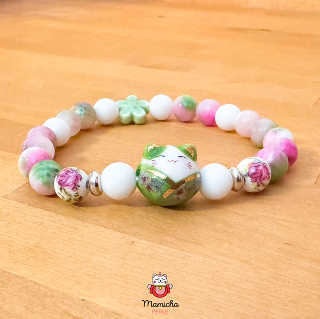Bracelet Maneki Neko en pierres calcédoine &amp; céramique 