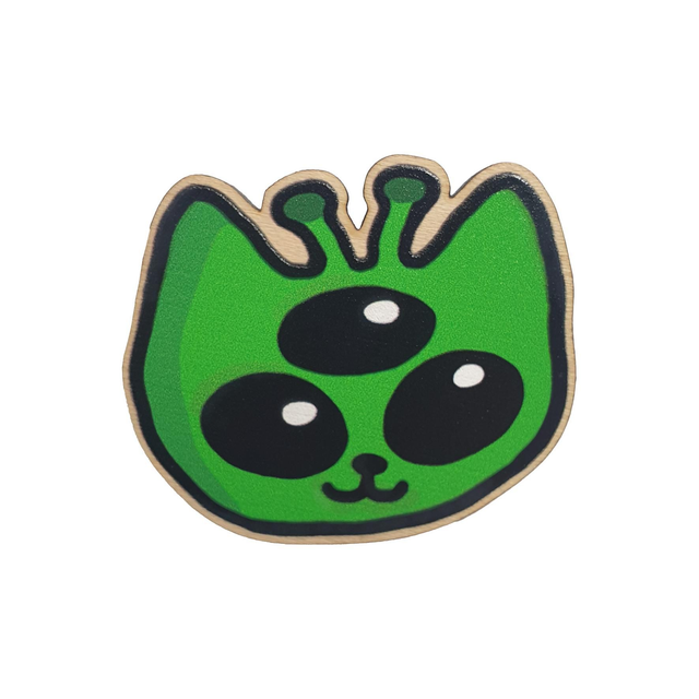 Green Alien Cat Wooden Pin Badge