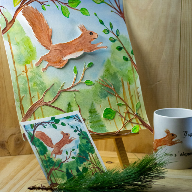 Au delà des branches - carte postale - Ecureuil -