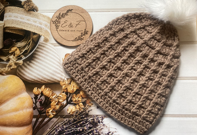 Handmade hat, Mocha coloured Aran crochet hat with bobble for adults. 