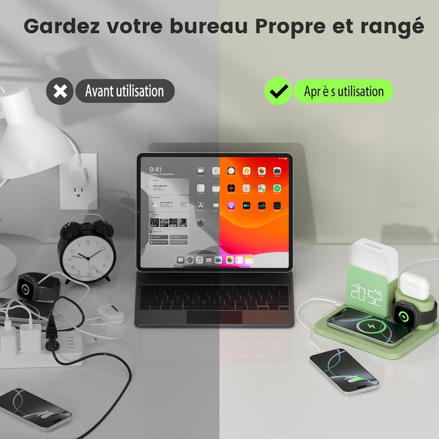 Station de Charge 3-en-1 COSLUS – Charge Sans Fil 15W, Réveil Lumineux & Lampe de Chevet (Vert)