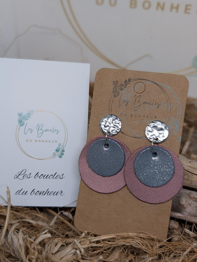 Boucles d&#039;oreilles Moon rose gris argenté mo011