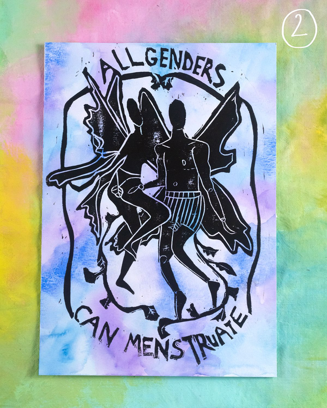 Linogravure "All genders can menstruate"