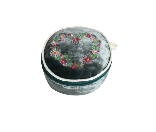 Earth Squared Silk Velvet Embroidered Heart Jewellery Pouch 