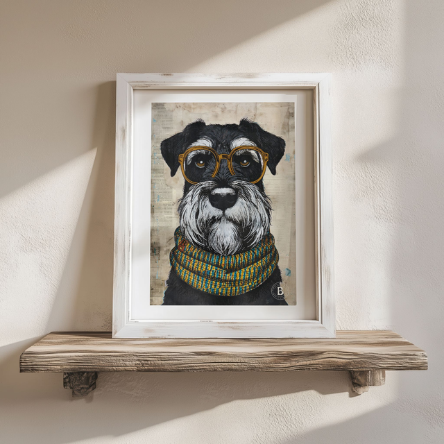 Schnauzer Dog In Glasses Mixed Media Art Print A4