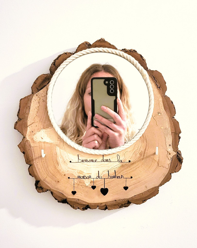 Support clés en bois avec miroir rond