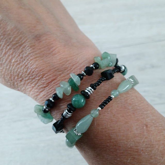 Dames armbandenset met Aventurijn, Onyx en Glaskralen – Zilverkleurig Stainless Steel – Handgemaakt (1.248)