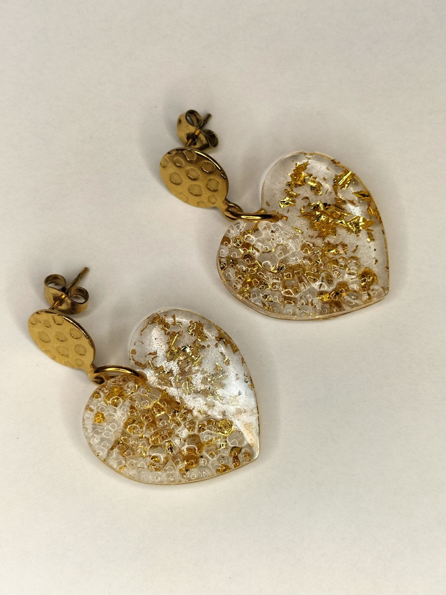 Boucles d'oreilles cœurs et feuilles d'or