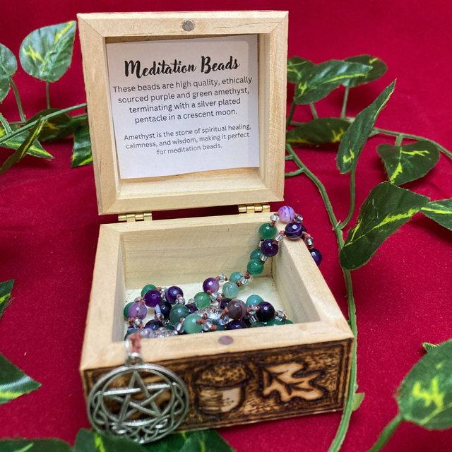 Hand-made Purple &amp; Green Amethyst Meditation Beads with Moon/Pentagram finial. 
