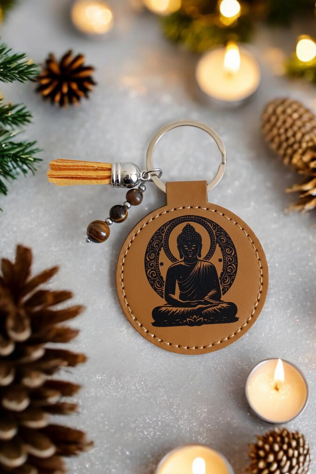 Porte-clé simili cuir Œil de tigre et Bouddha thai