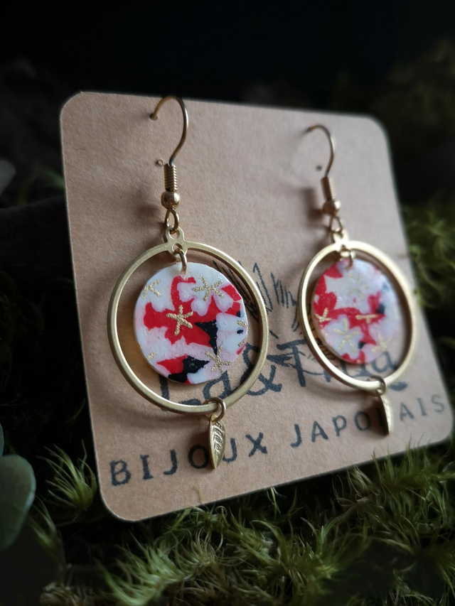 Boucles d'oreilles - crochets - papier washi - Sakura - feuilles - La&Titia