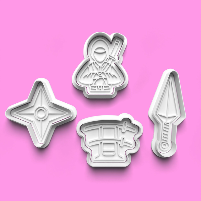 Ninja Assassin Cookie Cutter Embosser Set of 4 Cutters &amp; Stamps Biscuit Mould Debossed Sugar Biscuits