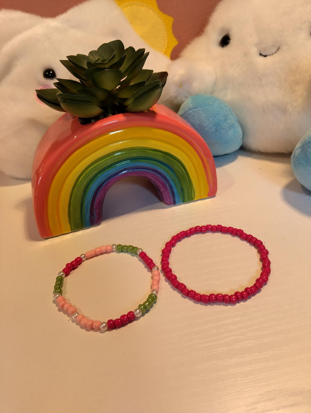 Handmade bracelet set of two  - pink Red and green 