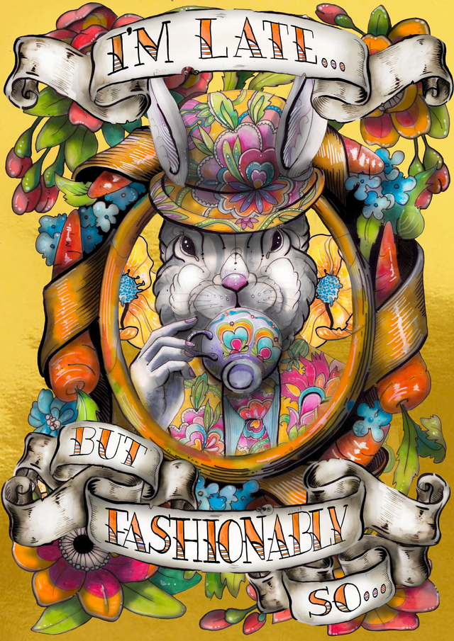 I'm Late....But Fashionably so! A3 gold print.