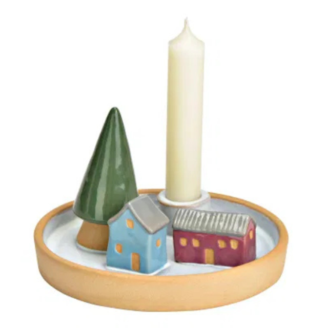 Kerzenhalter Tannenbaum, Häuser aus Steingut
