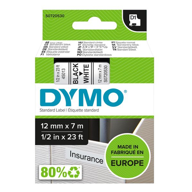 Nastro D1 standard 450130 - 12 mm x 7 mt - PL - nero/bianco - Dymo