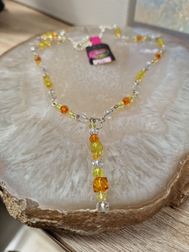 Collier Sautoir Argenté Orange Jaune