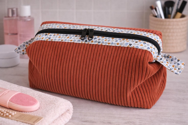 Trousse de toilette velours côtelé terracotta 