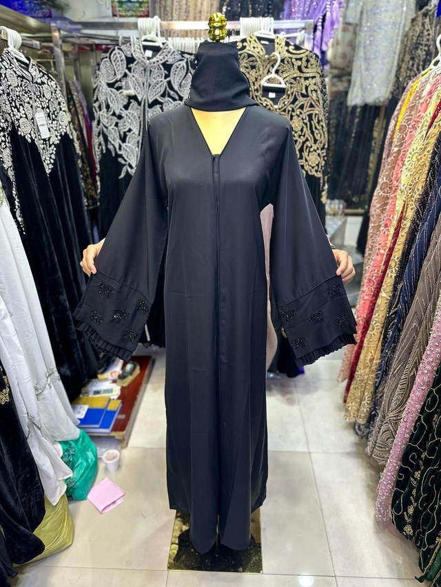 Abaya perle noire (soie nada) châle et ceinture 