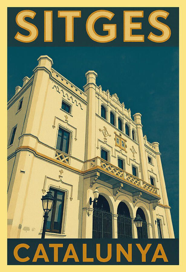 Póster turístico vintage de Sitges, Catalunya, con el Ayuntamiento de Sitges
