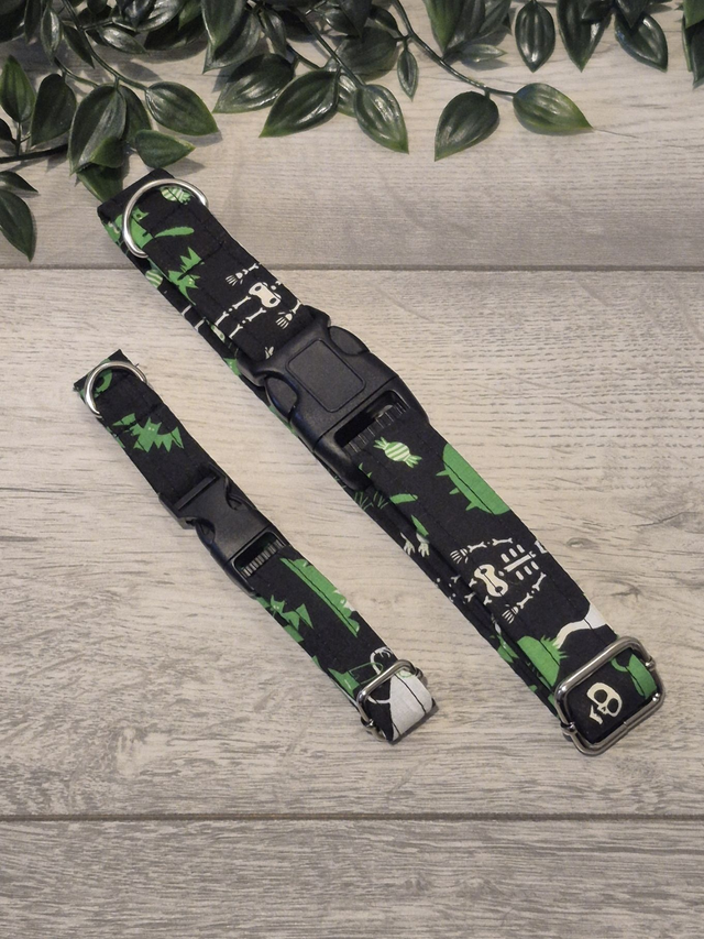 Spooky Green Ghouls Fabric Dog Collar | 4 Sizes | 2 Buckle Types