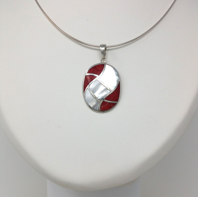 PENDENTIF CABOCHON DE NACRE BLANCHE ET CORAIL - ARGENT MASSIF - VENDU SANS CHAINE - 3396