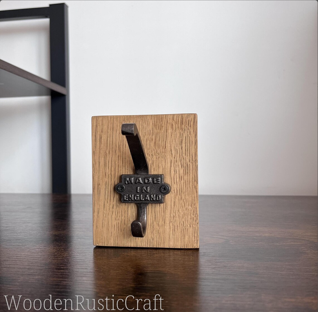 English Oak Wall Hook with Cast Iron Hook
