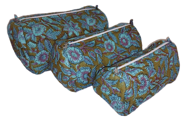 Trousse de toilette matelassée – Trousse de maquillage - Coton doublé fait main  - Vert khaki et bleu