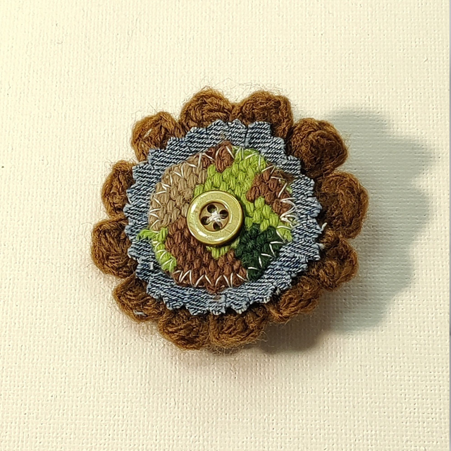 Barrette fleur crochet, jeans, canevas et bouton pince croco