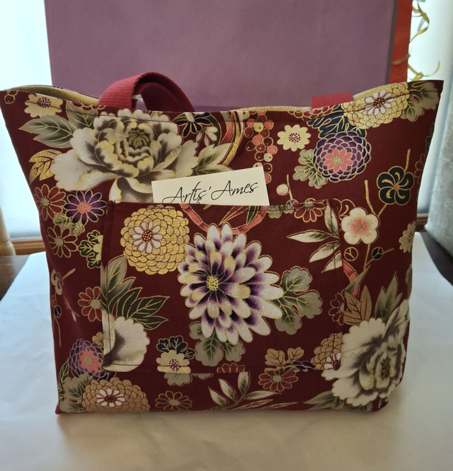 Cabas XXL Dalhias japonais bordeaux blanc doré