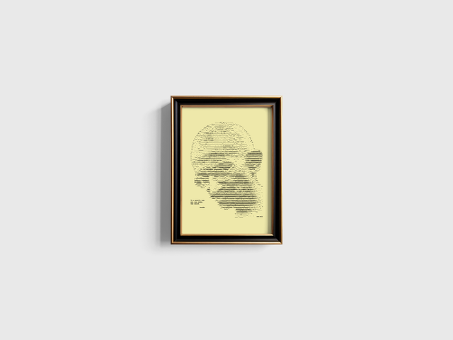 A4 Schreibmaschinen-Porträt Gandhi 3 mit Zitat in Schwarz auf Elfenbein