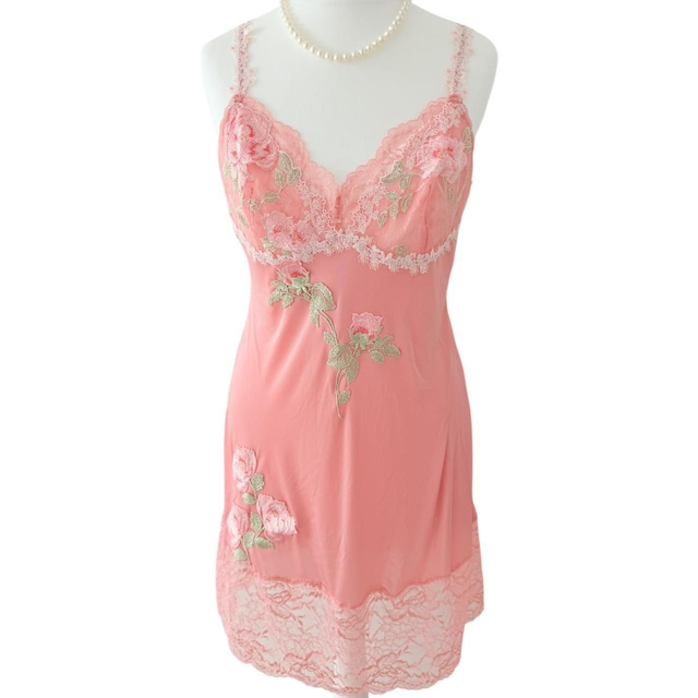 Japanese brand coquette pink floral appliqué slip dress 