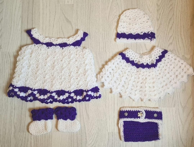 Unique Crochet Baby Pram Set Dress Cape Hat Boots Nappy Cover