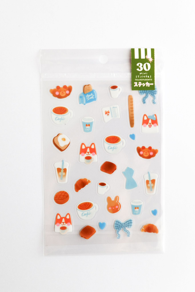  Planche de 30 mini stickers transparents Corgi café