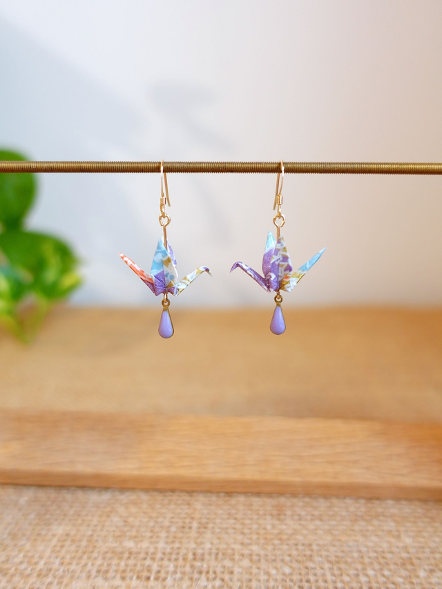 Origami oiseaux, grues / GOLD FILLED, Or laminé / Papier japonais Washi / Violet, or / Boucles d&#039;oreilles / Bijou origami /