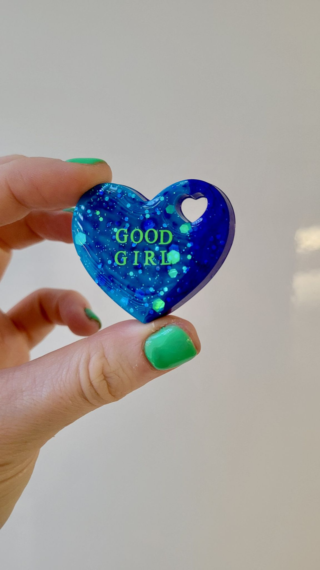 GOOD GIRL Blue Glitter Swirl Heart Resin Pin Badge