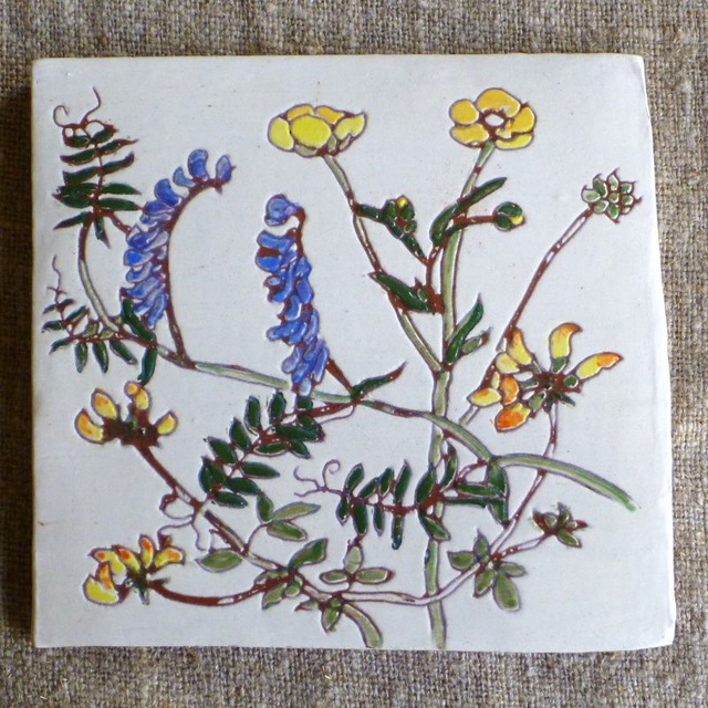 JBY93  Buttercup and Tufted Vetch Tile by Jane Bisby, 16 x 17cm Red Earthenware