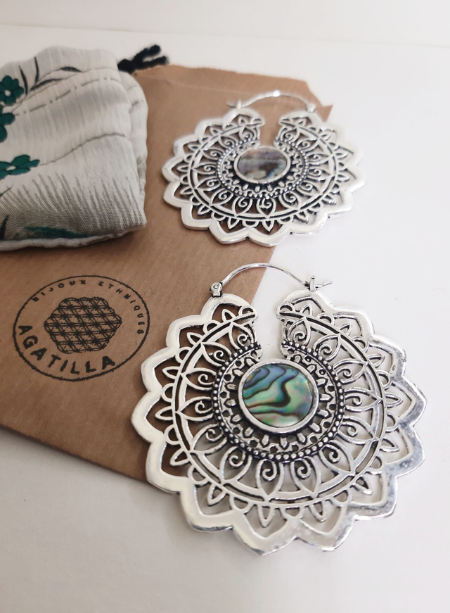 CRÉOLE ABALONE NACRE BLEU ARGENTÉ MANDALA MAXI TRIBAL