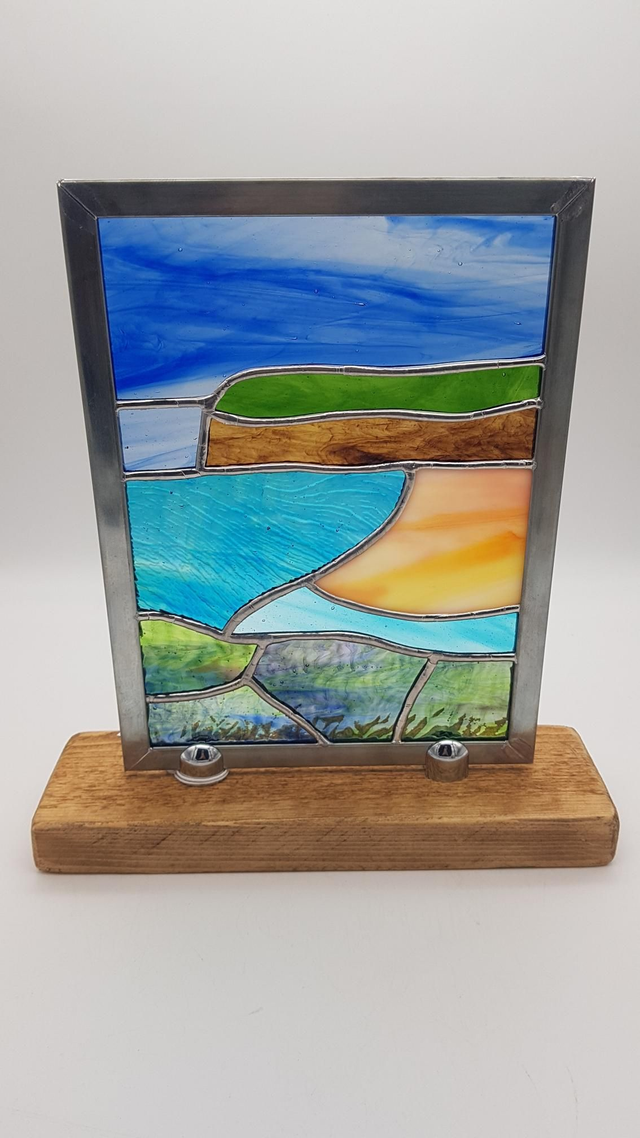 Newport from the cliff tops - Timber mounted stained glass panel