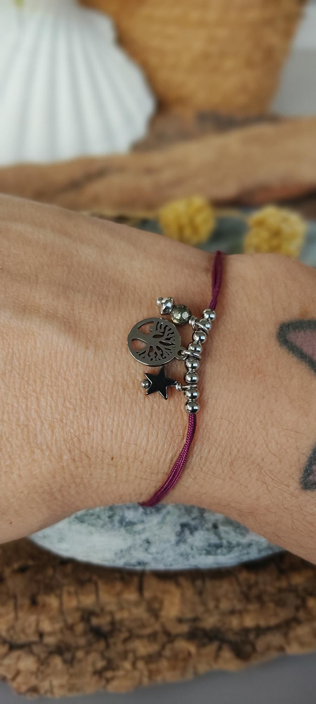 Bracelet CHIARA Bordeaux, arbre de vie et Pyrite