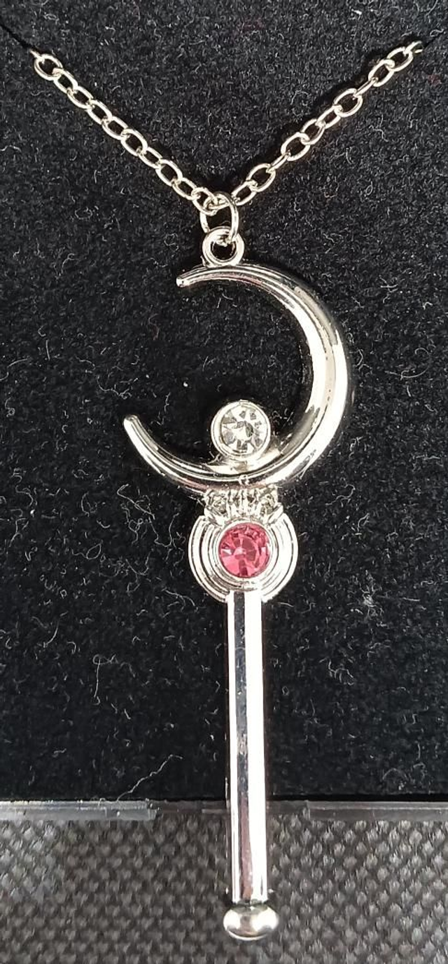 Tibetan Silver Sailor Moon Wand Pendant Necklace.