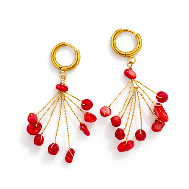 Argollas mini acero dorado abanico piedras rojas 