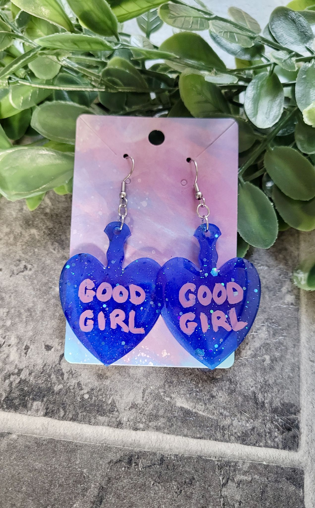 Earrings | GOOD GIRL Dark Blue Glitter Heart Paddle Earrings - Pink and Black Swirl Glitter  | Stainless Steel Hooks