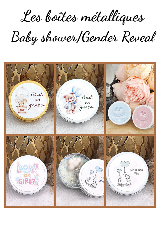 Bougie boîte métallique cadeau invités baby shower / gender reveal 