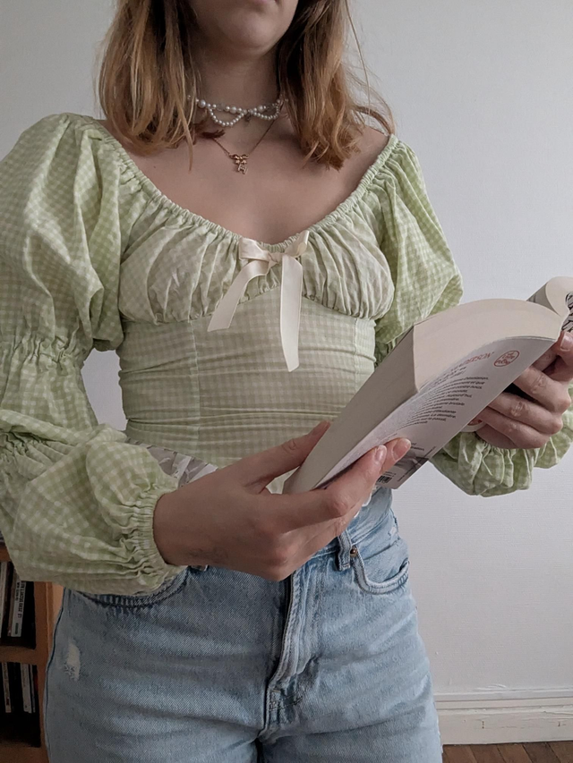 Top coquette manches longues vichy vert - taille 36